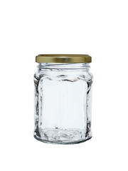 empty glass jar with an iron lid isolated on a white background