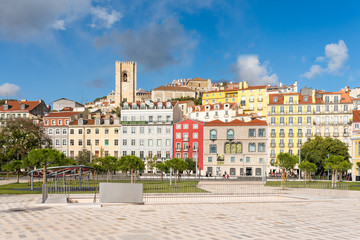 Fototapeta premium The former parking lot at the Campo das Cebolas, now a new green area and public space in the Alfama district of Lisbon