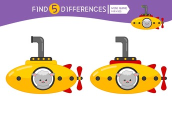 Find differences.  Educational game for children. Cartoon vector illustration of cute sheep in yellow submarine.