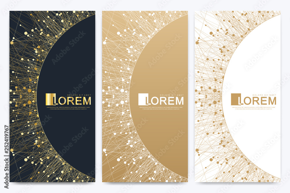 Poster Modern set of vector flyers. Geometric abstract presentation with golden mandala. Molecule and communication background for medicine, science, technology, chemistry