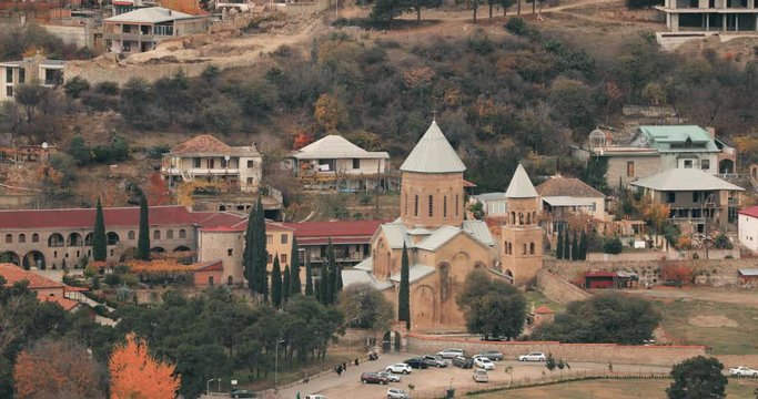 Mtskheta Georgia. Top View Of Ancient Town And Samtavro Monastery During Autumn Day. Samtavro Transfiguration Orthodox Church and Nunnery of St. Nino in Mtskheta