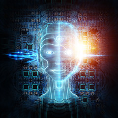 Obraz premium Robot cyborg head artificial intelligence learning 3D rendering
