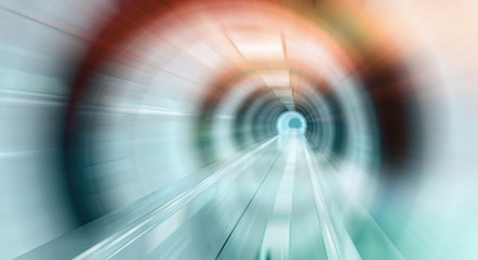 Abstract zoom effectin a bright tunnel background with traffic lights