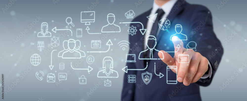 Poster businessman using thin line social network icons interface