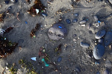 Microplastics on a beach. Famara Beach, Lanzarote.