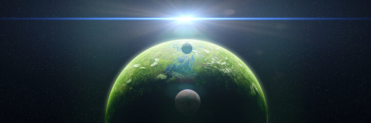 sunrise over alien world, exoplanet around a bright star, life on exotic planet (3d space render banner) © dottedyeti