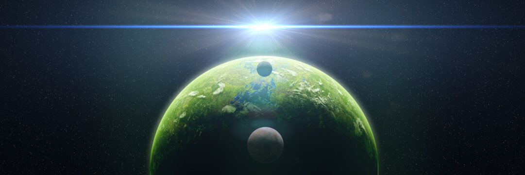 sunrise over alien world, exoplanet around a bright star, life on exotic planet (3d space render banner)