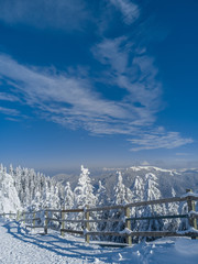 Winter wonderland landscape. Christmas background with wooden fence, trees covered in snow, clear blue sky for copy text and Ciucas mountains, in Brasov, Romania far behind.