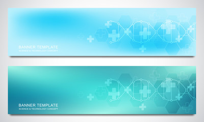 Banners and headers for site with DNA strand and molecular structure. Genetic engineering or laboratory research. Abstract geometric texture for medical, science and technology design.