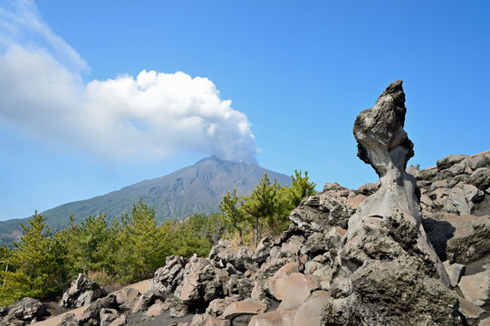 Strangely shaped rock of Sakurajima volcano at Arimura lava observatory in Kagoshima city, Japan