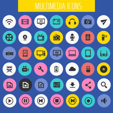 Trendy flat design big Multimedia icons set
