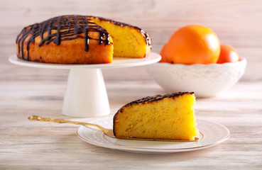 Chocolate and orange drizzle cake, served