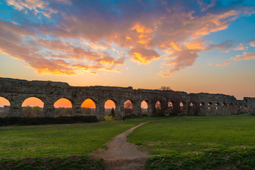 Rome (Italy) - The Parco degli Acquedotti at sunset, an archeological public park in Rome, part of...