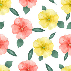 Watercolor floral pattern on white seamless background. Hand painted. Perfect for fabric, wrap paper or wallpaper. Raster illustration.