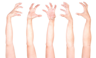 Multiple Male Caucasian hand gestures isolated over the white background, set of multiple images. ZOBIES HAND.