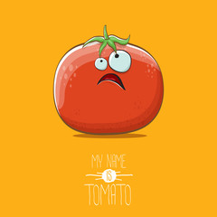 vector funny cartoon cute red tomato character isolated on orange background. My name is tomato. summer vegetable funky character