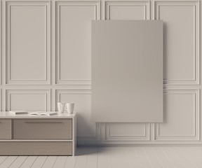 Empty frame mock up with a table. Poster template. 3D rendering.