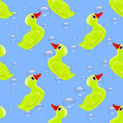Funny Rubber Yellow Duck Seamless Pattern on Blue Bubble Background for Fabric and Decor