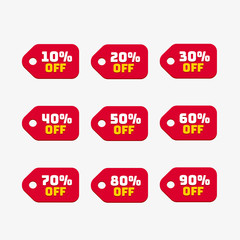 Tags set with discount offer. Low cost icon. Promo icon in flat style. Vector promotion red labels.