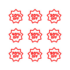 Tags set with discount offer. Low cost icon. Promo icon in flat style. Vector promotion red labels.