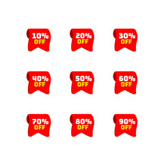 Ribbons tags set with discount offer. Low cost icon. Promo icon in flat style. Vector promotion red labels.