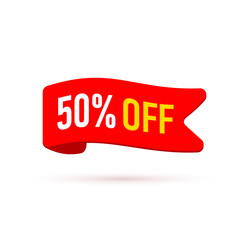 Ribbon tag with discount offer. Low cost icon. Promo icon in flat style. Vector promotion red label.