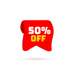 Ribbon tag with discount offer. Low cost icon. Promo icon in flat style. Vector promotion red label.