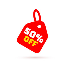 Tag with discount offer. Low cost icon. Promo icon in flat style. Vector promotion red label.