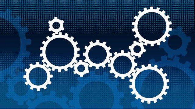 UHD animating cogs on a blue halftone background - 10 second animating backdrop - ideal for infographics and web videos