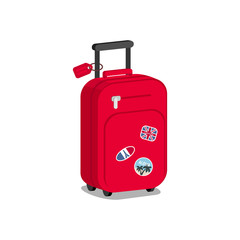 Red suitcase with stickers on white background. Vector illustration in flat style.
