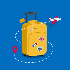 Travel bag with stickers. Concept for aircraft, travelling and trip. Trip background.