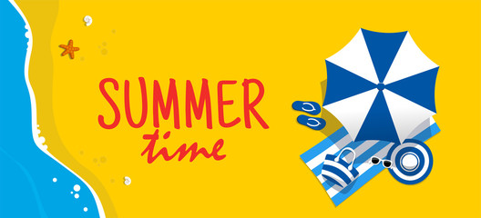 Aerial view of summer beach. Background tamplate with text summer time. Vacation on the tropical seaside. Holiday on sea sand. Concept for poster and other promotional material. Vector illustration.