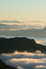 Naklejka premium sunrise and sea of fog view on phu chi fa mountain area and national forest park in chiang rai, Thailand.
