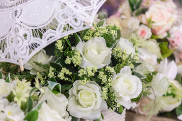 Wedding decor and accessory. Beautiful bouquet of white roses for the bride