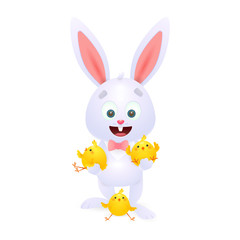 Funny Easter rabbit. Laughing rabbit holding small chickens. Can be used for topics like Easter, festival, decoration