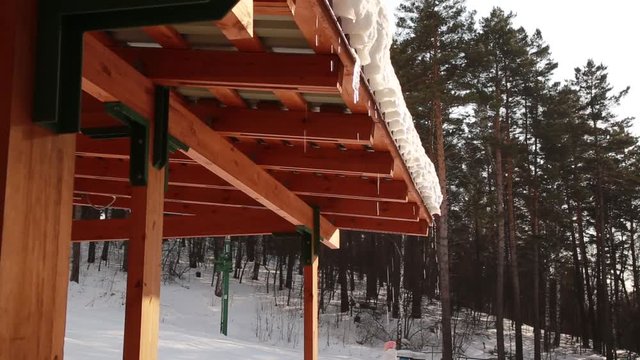 Melting Icicles dripping off a roof. Spring drops, icicles are melting sun and snow. spring in the ski resort