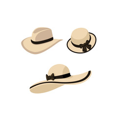 Set of beach hats in flat style. Isolated vector illustration. Objects for summer and travel concepts.