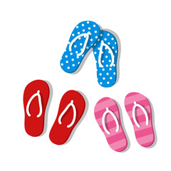 Red, blue and pink beach flip-flops. Vector illustration in flat style.