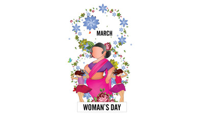 International Women's Day 8 march with frame of flower and leaves , Paper art style. - Vector