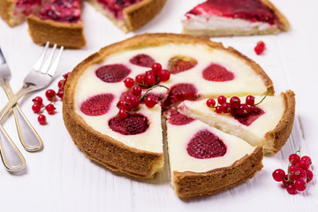 Tasty Berries Pie or Tart Homemade Tart with Strawberries and Cream Horizontal Copy Space Slice of Tasty Pie