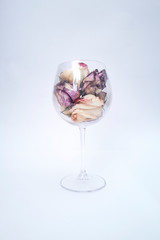 Colored dried roses in a wine glass on the white background