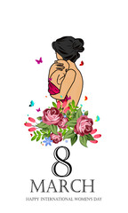 International Women's Day 8 march with flowers, mom carrying on baby Paper art style. - Vector