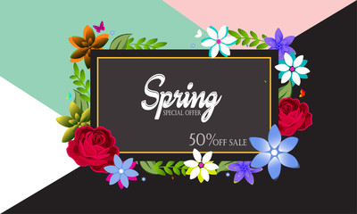 Spring sale background with beautiful colorful flower. Vector illustration template.banners.Wallpaper.flyers, invitation, posters, brochure, voucher 50% discount offer. - Vector