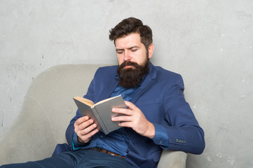 Reading authority business book. Business experience. Decision making part management. Man bearded businessman thoughtful face inspired by book making decision. Business decision. Useful information