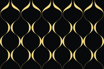 Seamless, abstract background pattern made with curvy gold colored lines forming retro geometric shapes. Luxurious, decorative vector art.