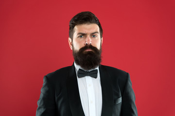 Bearded man in tuxedo and bow tie. Formal event. bearded man groom with beard in wedding suit. Businessman in tailored tuxedo. Formal wear male fashion. bearded hipster man. bearded groom in tuxedo