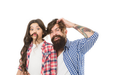 Going crazy. Happy family. Bearded man father with happy daughter. Little girl love her father. Happy moments. Family day. Happy little girl with long hair. Father and daughter. Family bonds