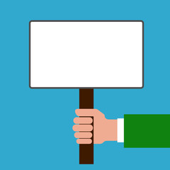 Man holding blank placard with handle in his hand. Vector illustration.