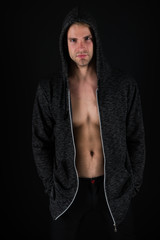 Feeling confident. Male beauty and masculinity. Guy attractive confident model. Confident in his style. Man in dark clothes. Charming man. Man handsome well groomed macho on black background