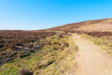 On Derwent Moor in Derbyshire a footpath curves up a gentle slope.